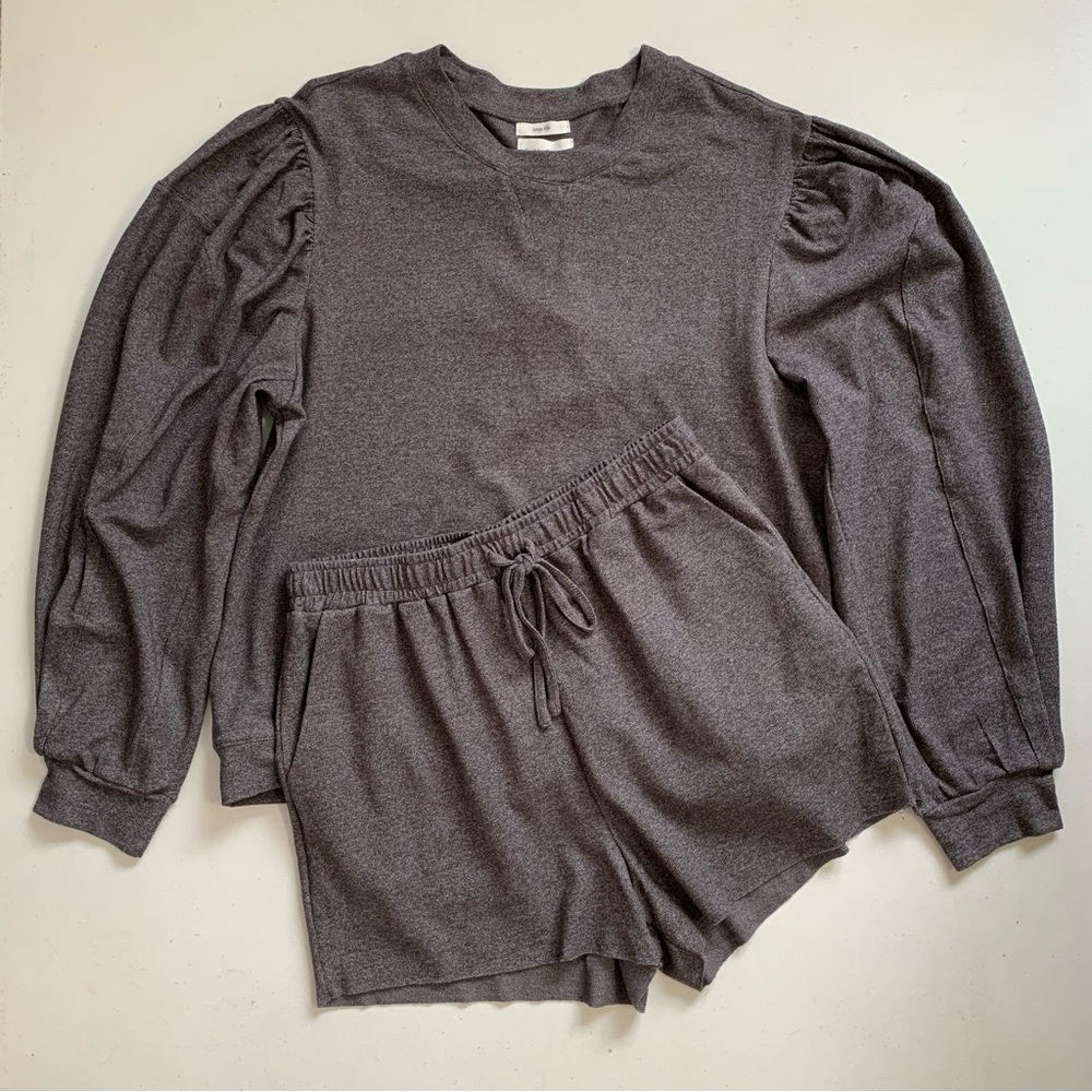 By The River Puff Sleeve Sweatshirt + Shorts Set Size Large NWT Dark Grey